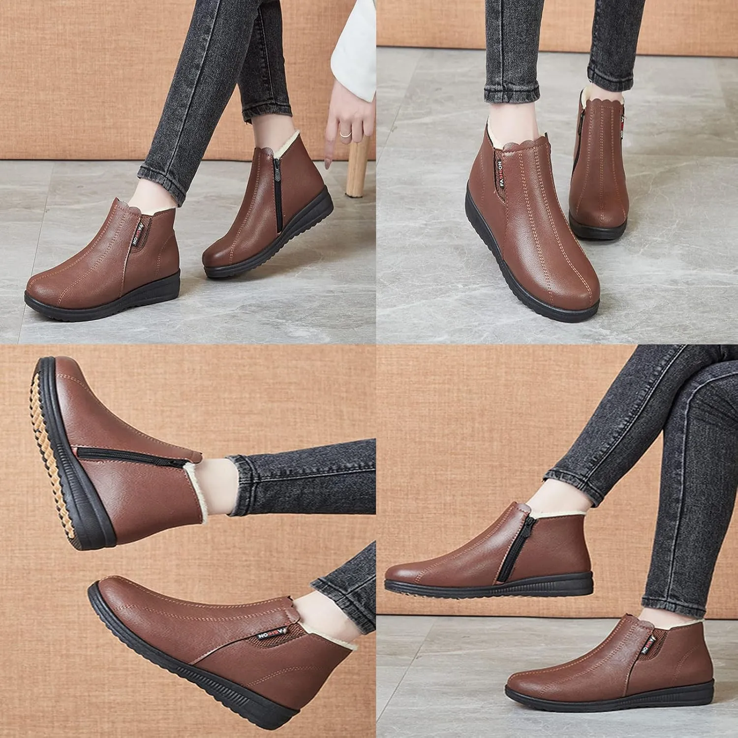 AUNTHUI Women'S Leather Fleece Wedge Cotton Ankle Boots,Side Zipper Warm Comfortable Mama Shoes,Waterproof Non-Slip Snow Boots