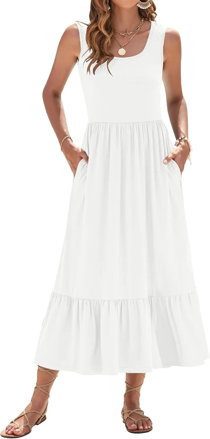 AUSELILY Womens Summer Dresses 2025 Sleeveless Maxi Dress Square Neck Casual Tiered Long Dress with Pockets