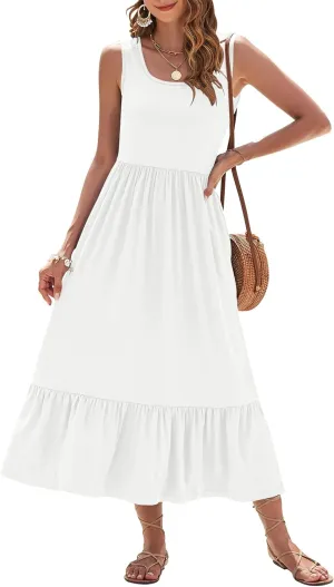 AUSELILY Womens Summer Dresses 2025 Sleeveless Maxi Dress Square Neck Casual Tiered Long Dress with Pockets