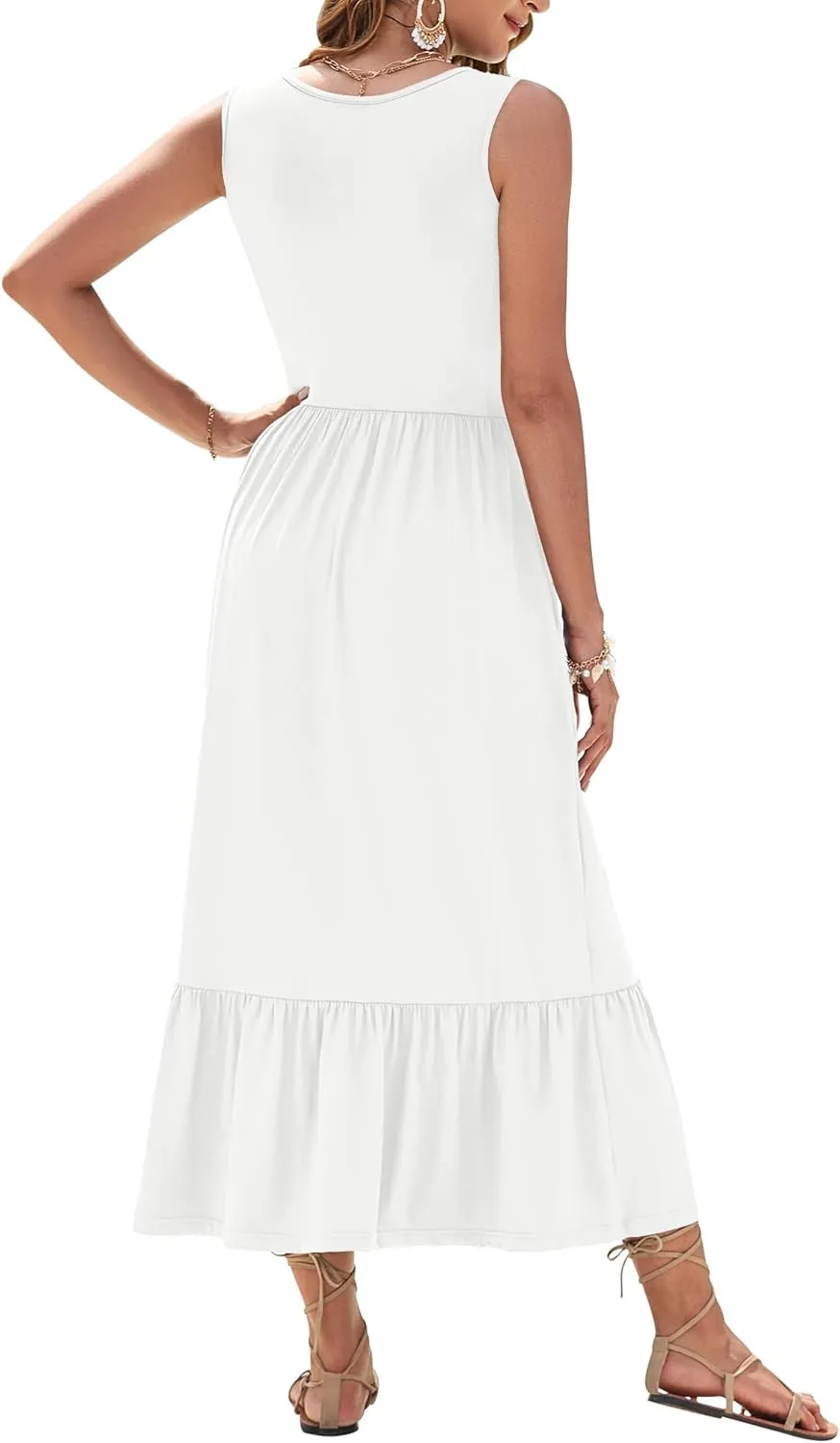 AUSELILY Womens Summer Dresses 2025 Sleeveless Maxi Dress Square Neck Casual Tiered Long Dress with Pockets