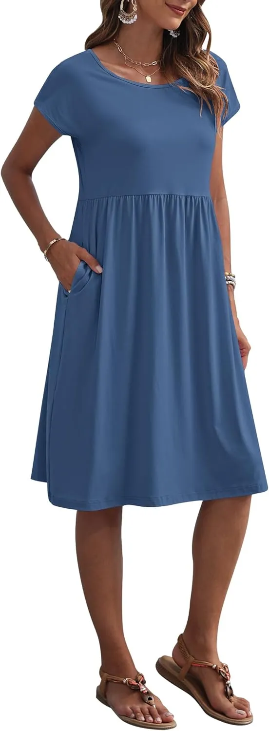 AUSELILY Women's Summer Short Sleeve Knee-Length Dresses Round Neck Loose Dress with Pockets 2025 New
