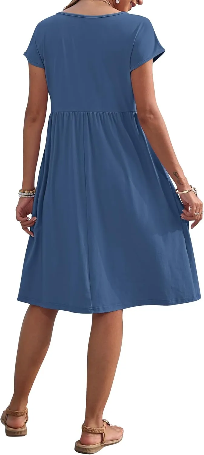 AUSELILY Women's Summer Short Sleeve Knee-Length Dresses Round Neck Loose Dress with Pockets 2025 New