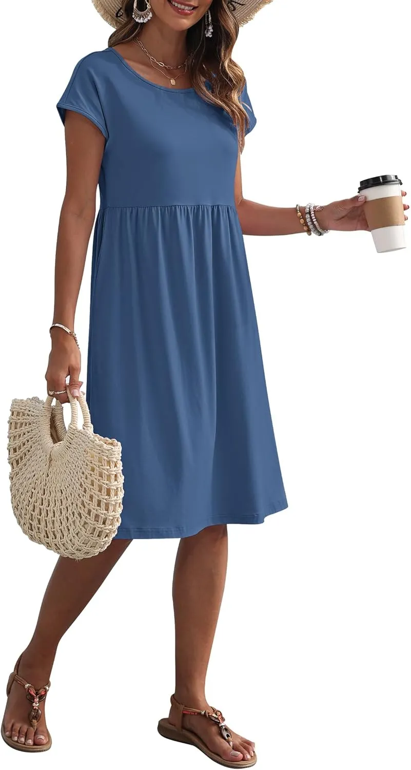 AUSELILY Women's Summer Short Sleeve Knee-Length Dresses Round Neck Loose Dress with Pockets 2025 New