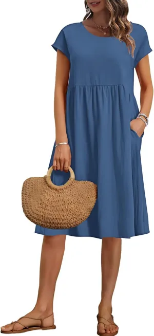 AUSELILY Women's Summer Short Sleeve Knee-Length Dresses Round Neck Loose Dress with Pockets 2025 New
