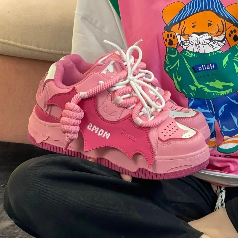 Bat Patch Platform Sneakers Women, Cutting-Edge Fashion Chunky Shoes, Unique Double Lace, Y2K Street, Limited Edition