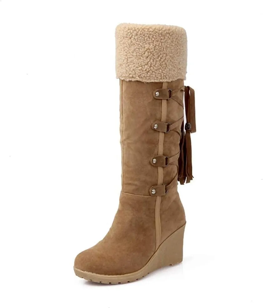 Bcshiye Wedge Boots for Women Knee High Winter Warm Slip On Fur Lining Snow Boots Fashion Wedge Platform Riding Boots
