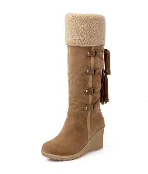 Bcshiye Wedge Boots for Women Knee High Winter Warm Slip On Fur Lining Snow Boots Fashion Wedge Platform Riding Boots