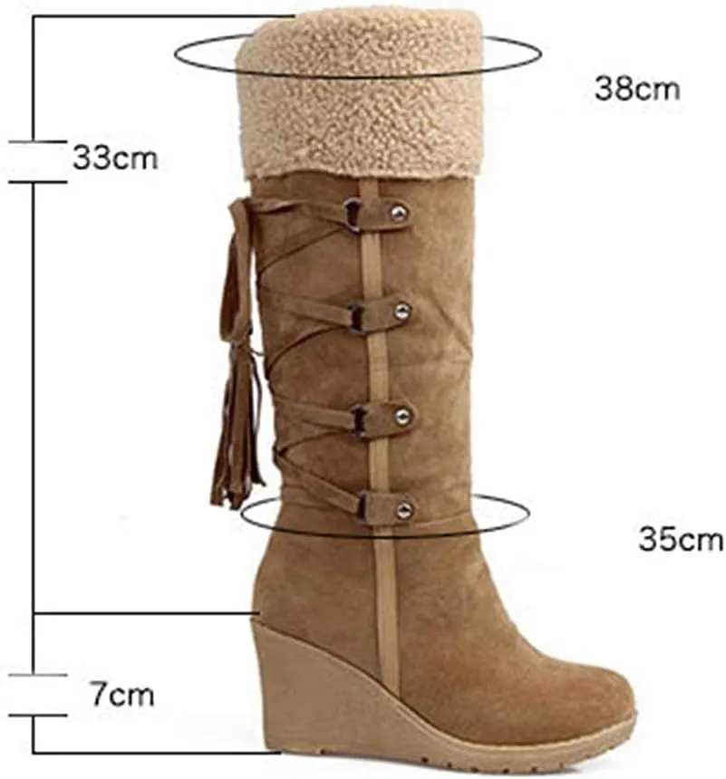 Bcshiye Wedge Boots for Women Knee High Winter Warm Slip On Fur Lining Snow Boots Fashion Wedge Platform Riding Boots
