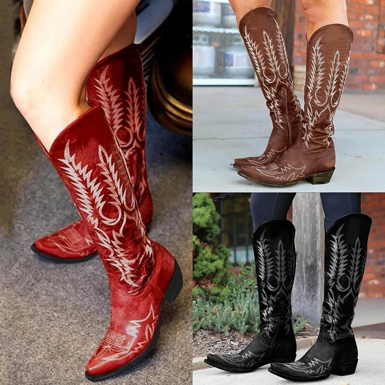 Bcshiye Women's Knee High Flat Boots,Winter Pointy Toe Mid Chunky Heel Western Cowgirl Boots Embroidered Knee High Boots