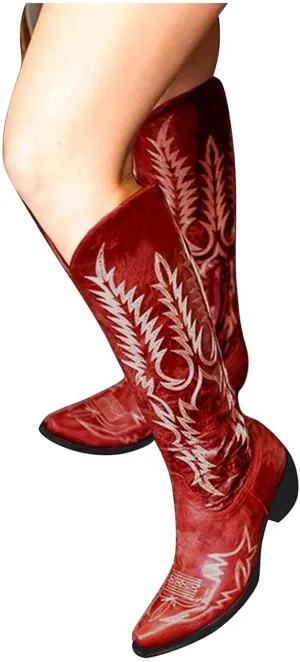 Bcshiye Women's Knee High Flat Boots,Winter Pointy Toe Mid Chunky Heel Western Cowgirl Boots Embroidered Knee High Boots