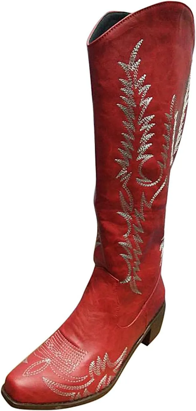 Bcshiye Women's Knee High Flat Boots,Winter Pointy Toe Mid Chunky Heel Western Cowgirl Boots Embroidered Knee High Boots