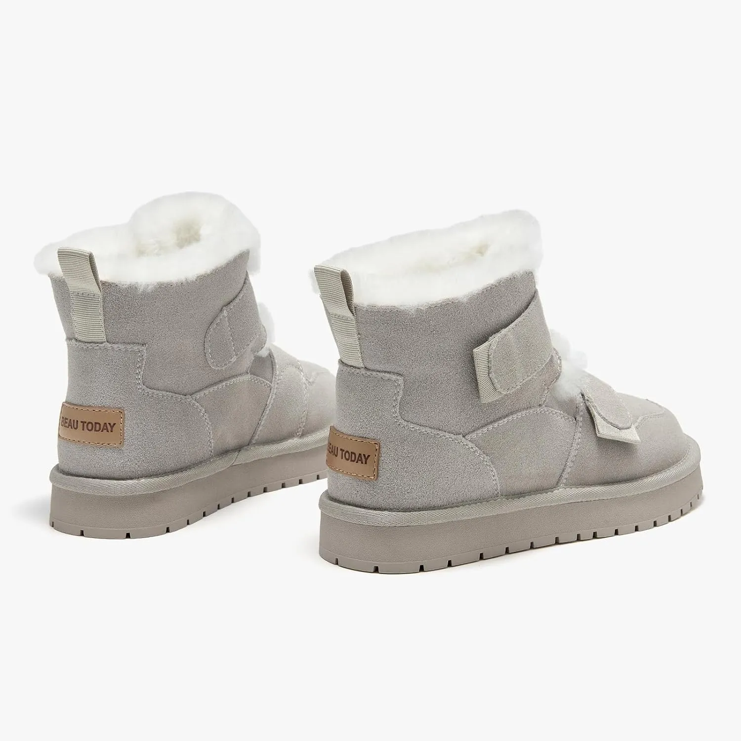 BEAU TODAY Women's Snow Boots, Platform Winter Mini Boots for Women, Genuine Suede Warm Faux Fur Lined Slip-0n Ankle Boots Comfortable Anti-slip Outdoor Short Booties