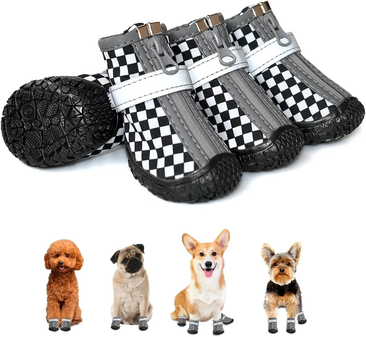 Black Dog Shoes for Small Dogs, Anti-Slip Dog Boots with Reflective Strips, Puppy Paw Protectors for Ourdoor Indoor Walking Winter Snow Summer Hot Pavement, Waterproof in Rainy Weather 4PCS/Set