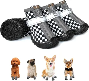 Black Dog Shoes for Small Dogs, Anti-Slip Dog Boots with Reflective Strips, Puppy Paw Protectors for Ourdoor Indoor Walking Winter Snow Summer Hot Pavement, Waterproof in Rainy Weather 4PCS/Set