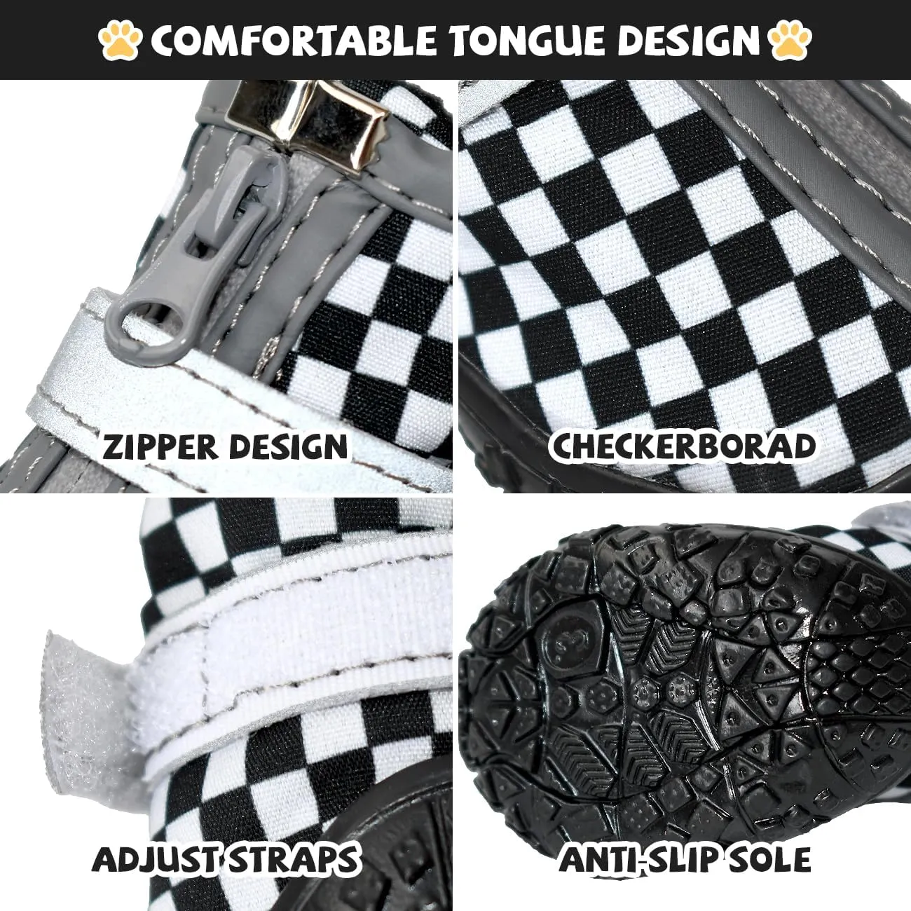 Black Dog Shoes for Small Dogs, Anti-Slip Dog Boots with Reflective Strips, Puppy Paw Protectors for Ourdoor Indoor Walking Winter Snow Summer Hot Pavement, Waterproof in Rainy Weather 4PCS/Set