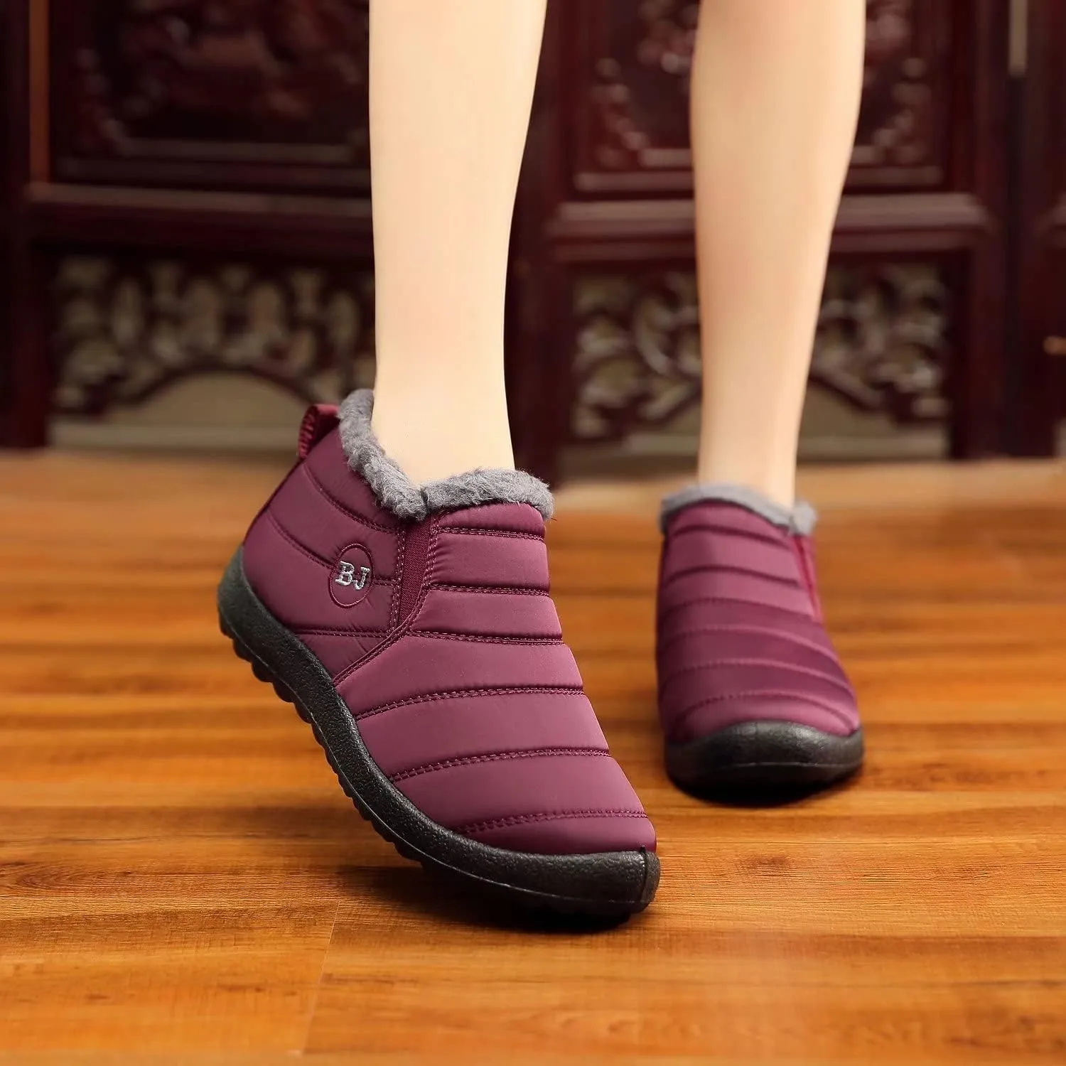 Boojoy Winter Boots, Winter Warm Anti-slip Ankle Booties, Waterproof Slip on Outdoor Fur Lined Snow Shoes for Womens