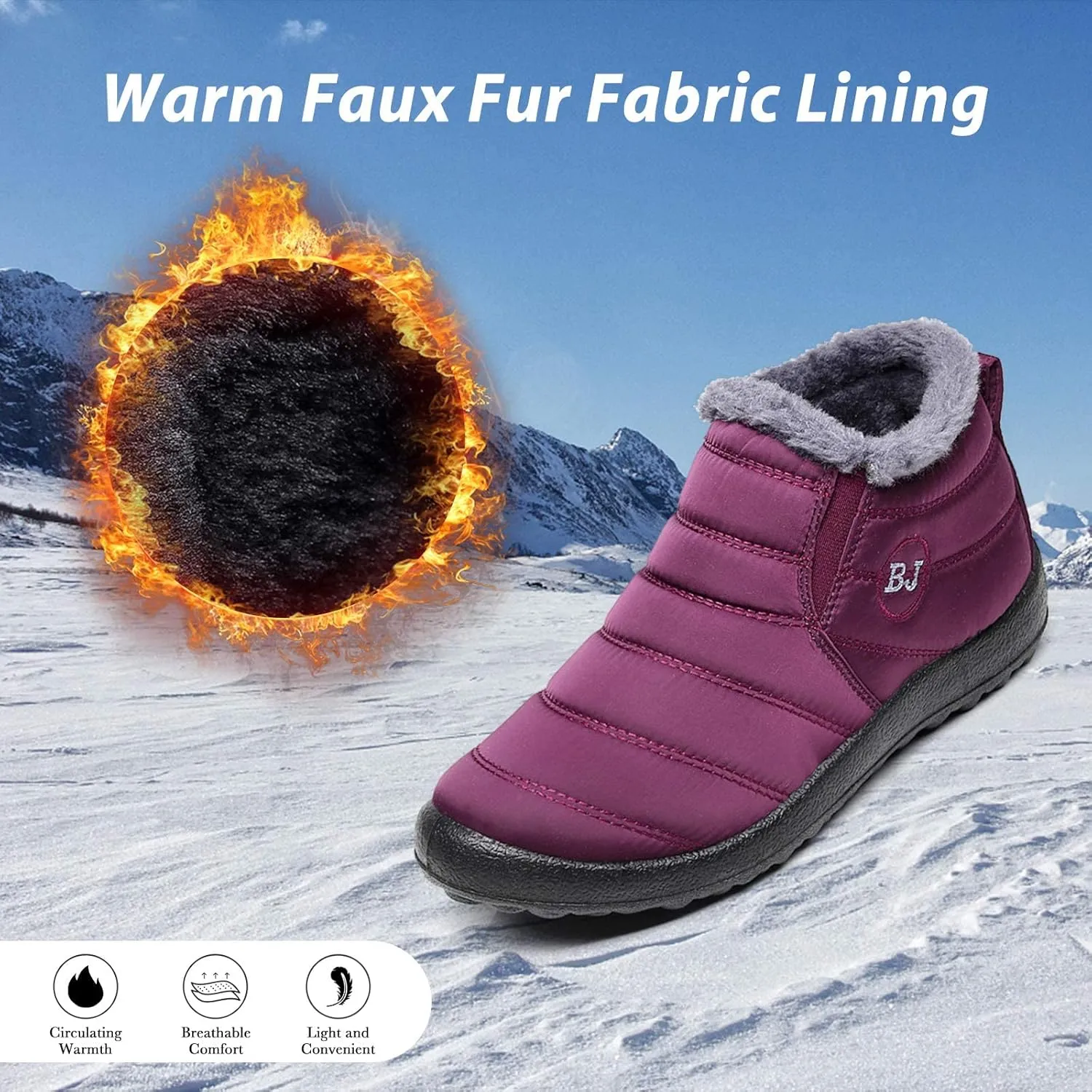 Boojoy Winter Boots, Winter Warm Anti-slip Ankle Booties, Waterproof Slip on Outdoor Fur Lined Snow Shoes for Womens
