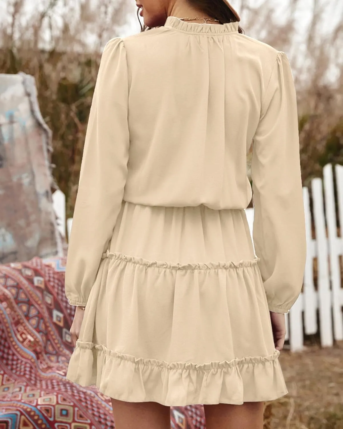 BTFBM Women Casual Summer Spring Dresses 2025 Tie Neck Long Sleeve High Waist Tiered Ruffle Aline Swing Tunic Mini Dress