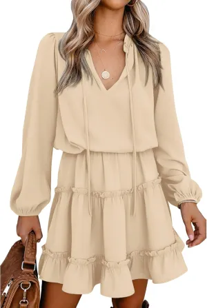 BTFBM Women Casual Summer Spring Dresses 2025 Tie Neck Long Sleeve High Waist Tiered Ruffle Aline Swing Tunic Mini Dress