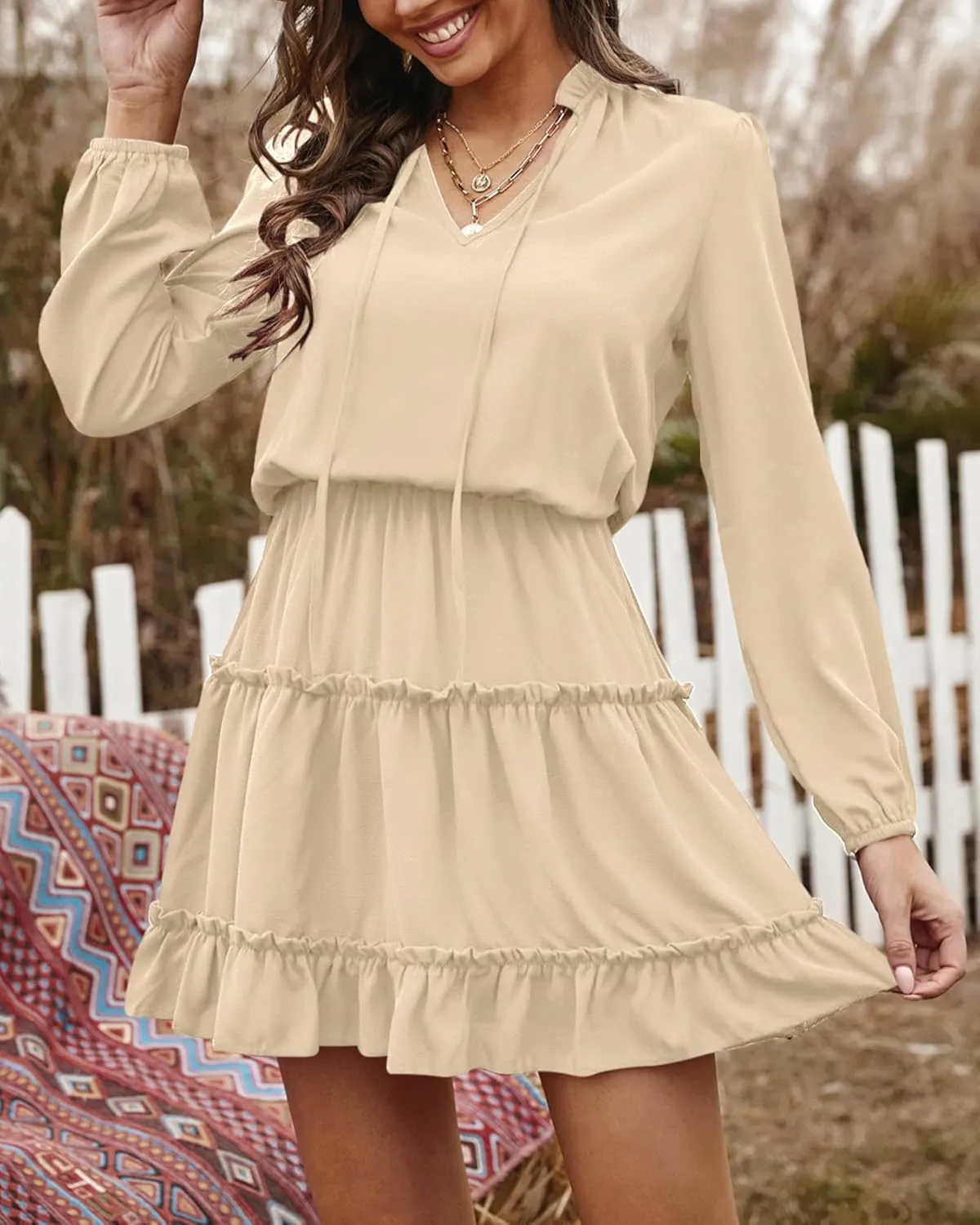 BTFBM Women Casual Summer Spring Dresses 2025 Tie Neck Long Sleeve High Waist Tiered Ruffle Aline Swing Tunic Mini Dress