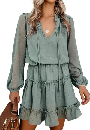 BTFBM Women Casual Summer Spring Dresses 2025 Tie Neck Long Sleeve High Waist Tiered Ruffle Aline Swing Tunic Mini Dress