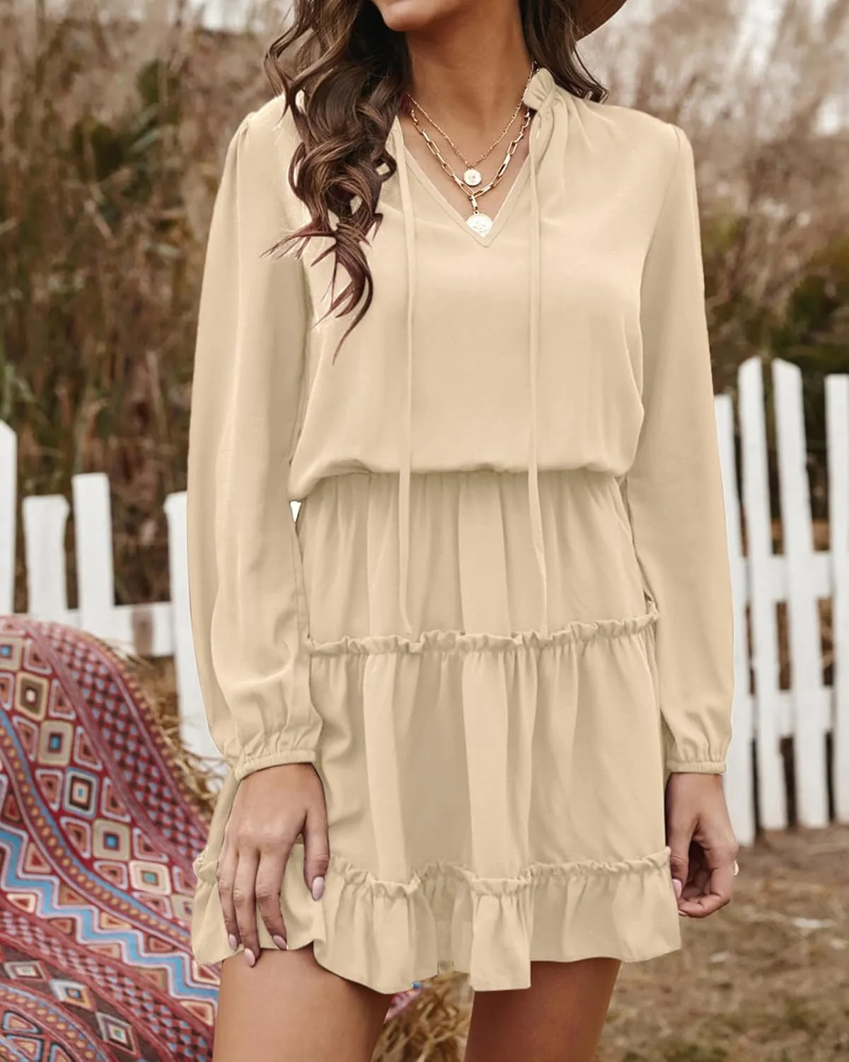 BTFBM Women Casual Summer Spring Dresses 2025 Tie Neck Long Sleeve High Waist Tiered Ruffle Aline Swing Tunic Mini Dress