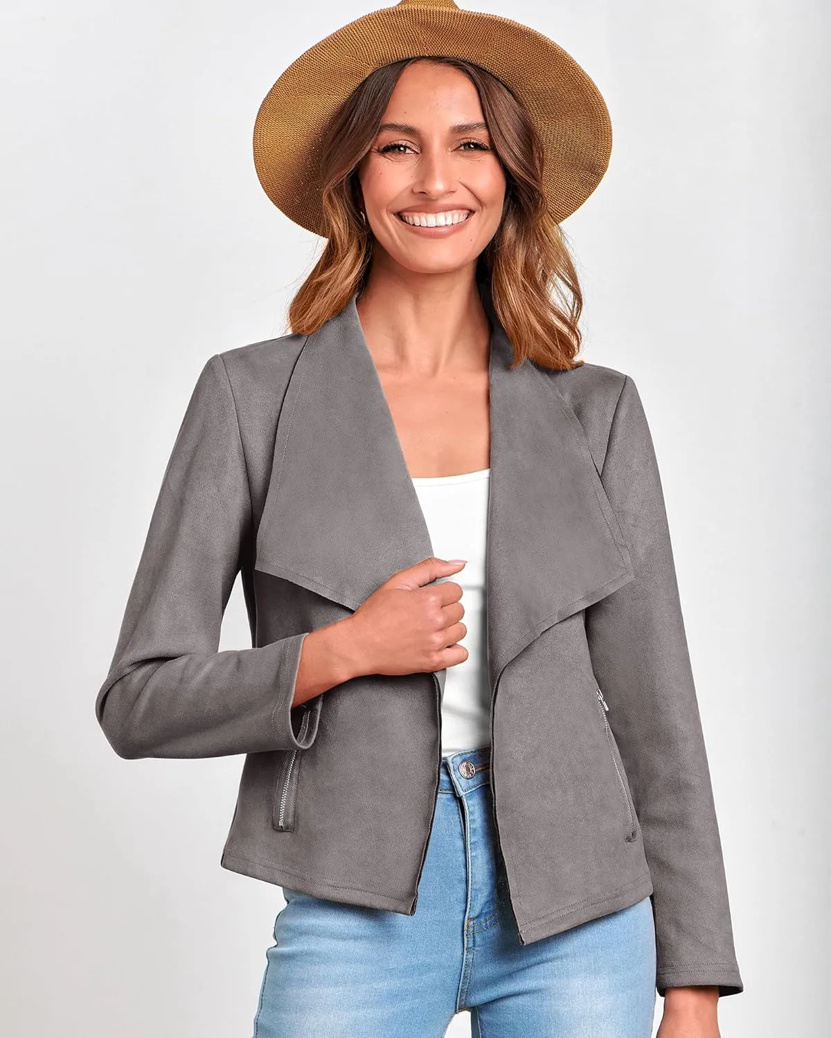 BTFBM Womens Faux Suede Jackets Dressy Spring Summer Clothes 2025 Lapel Long Sleeve Open Front Cropped Outerwear Coats