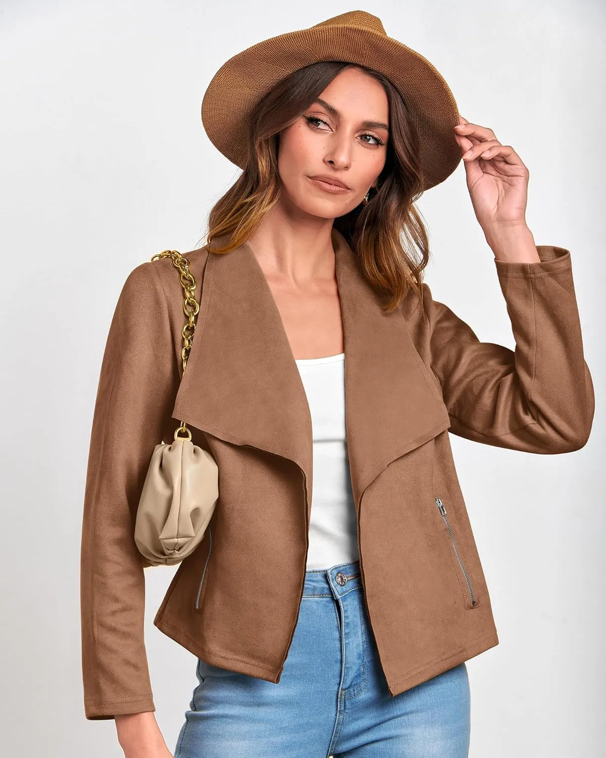 BTFBM Womens Faux Suede Jackets Dressy Spring Summer Clothes 2025 Lapel Long Sleeve Open Front Cropped Outerwear Coats