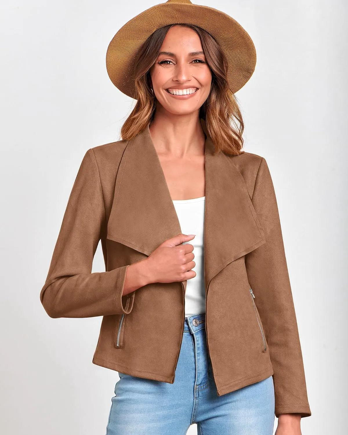 BTFBM Womens Faux Suede Jackets Dressy Spring Summer Clothes 2025 Lapel Long Sleeve Open Front Cropped Outerwear Coats