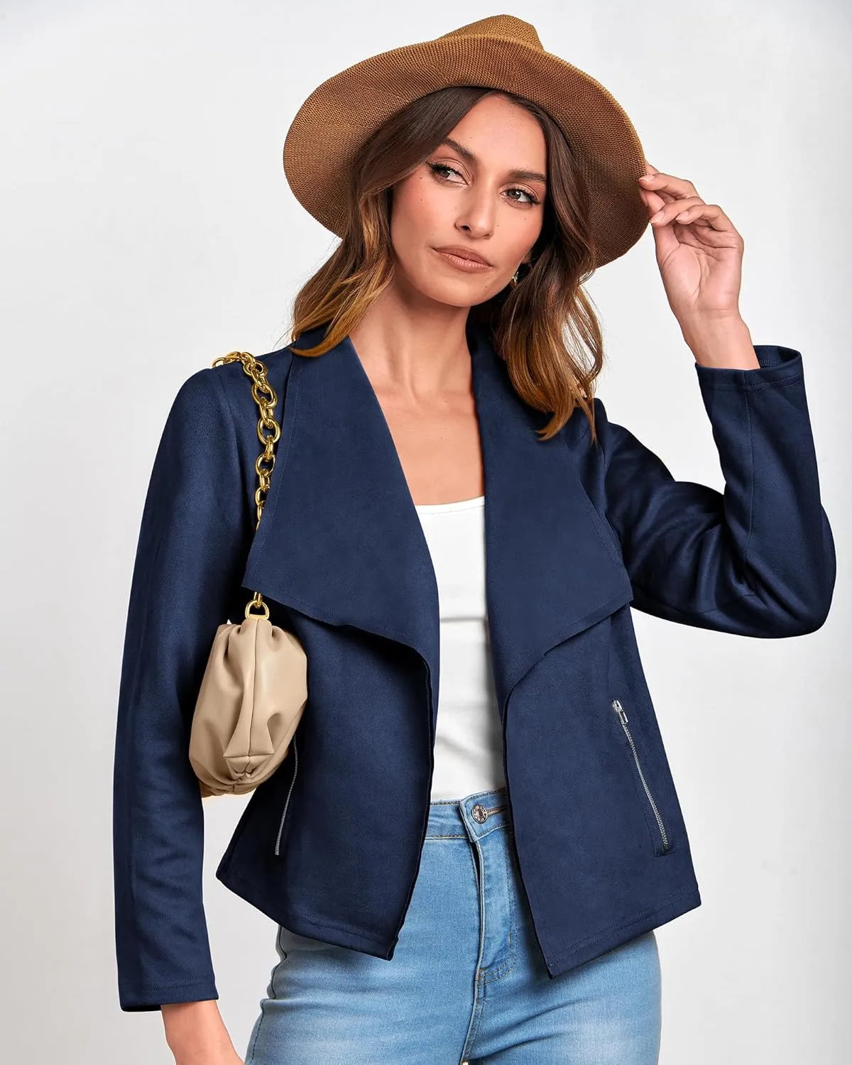 BTFBM Womens Faux Suede Jackets Dressy Spring Summer Clothes 2025 Lapel Long Sleeve Open Front Cropped Outerwear Coats