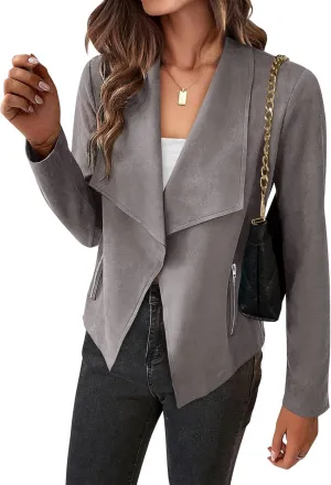 BTFBM Womens Faux Suede Jackets Dressy Spring Summer Clothes 2025 Lapel Long Sleeve Open Front Cropped Outerwear Coats