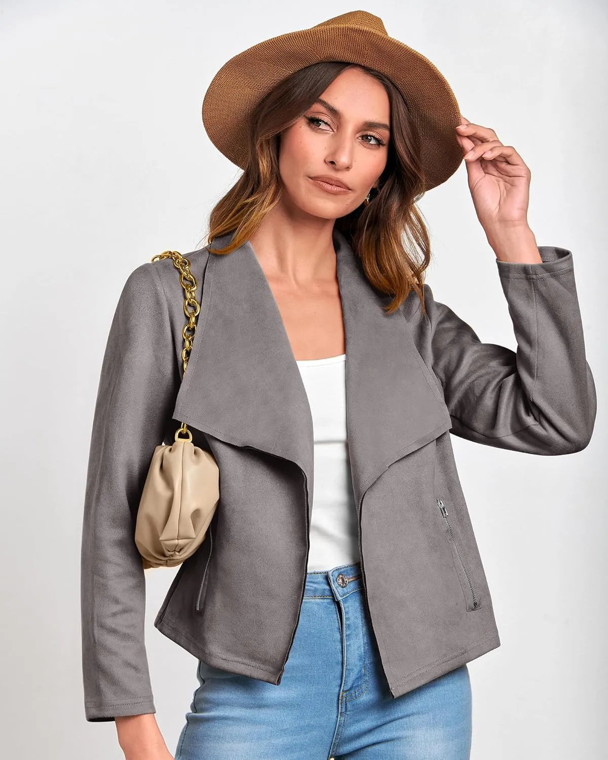 BTFBM Womens Faux Suede Jackets Dressy Spring Summer Clothes 2025 Lapel Long Sleeve Open Front Cropped Outerwear Coats