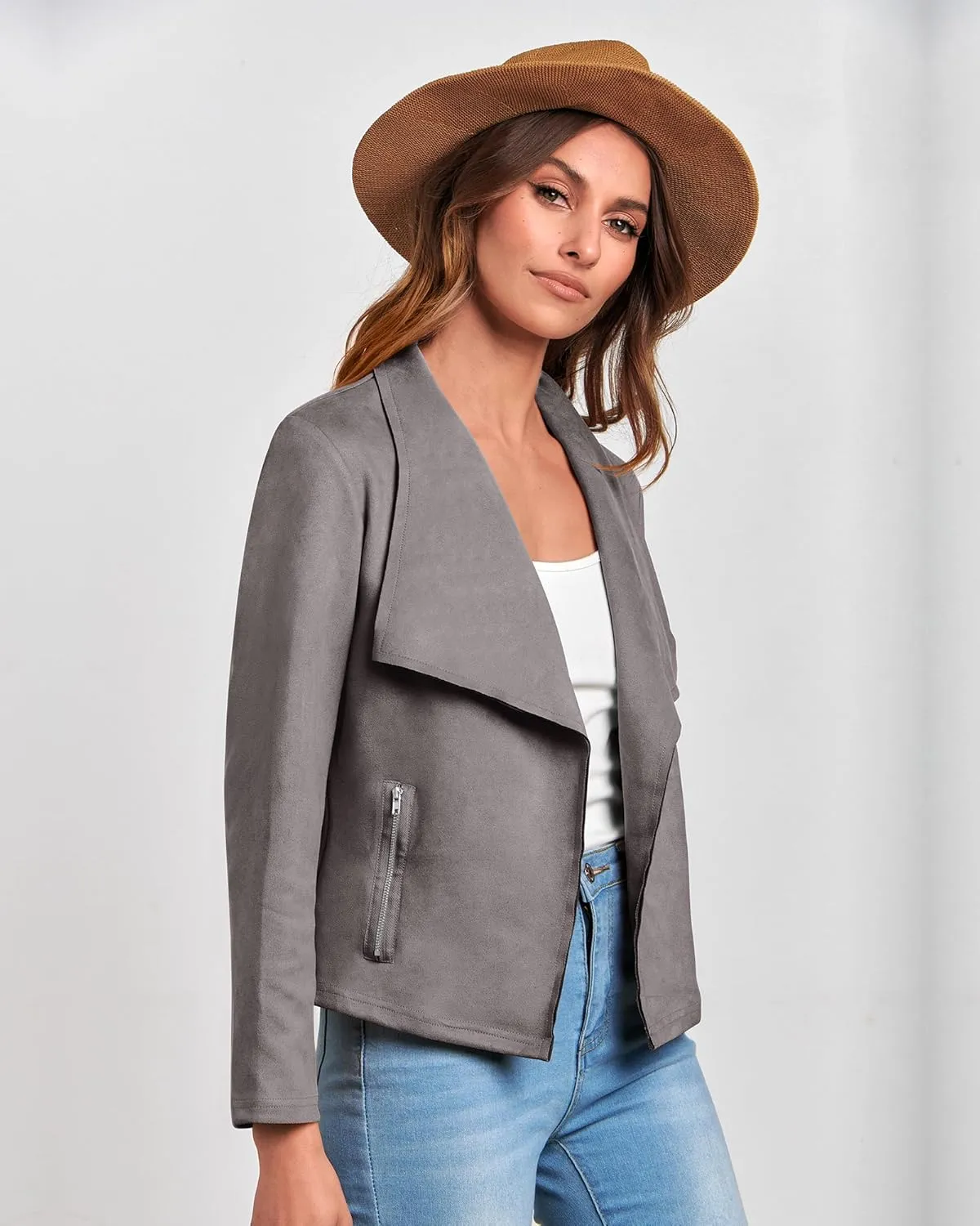 BTFBM Womens Faux Suede Jackets Dressy Spring Summer Clothes 2025 Lapel Long Sleeve Open Front Cropped Outerwear Coats