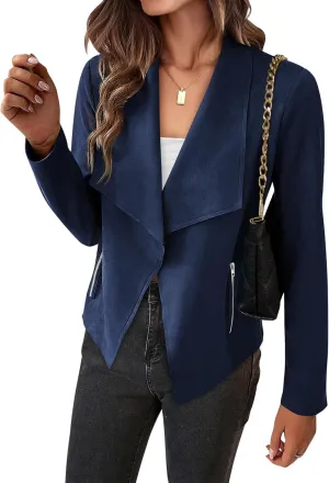 BTFBM Womens Faux Suede Jackets Dressy Spring Summer Clothes 2025 Lapel Long Sleeve Open Front Cropped Outerwear Coats