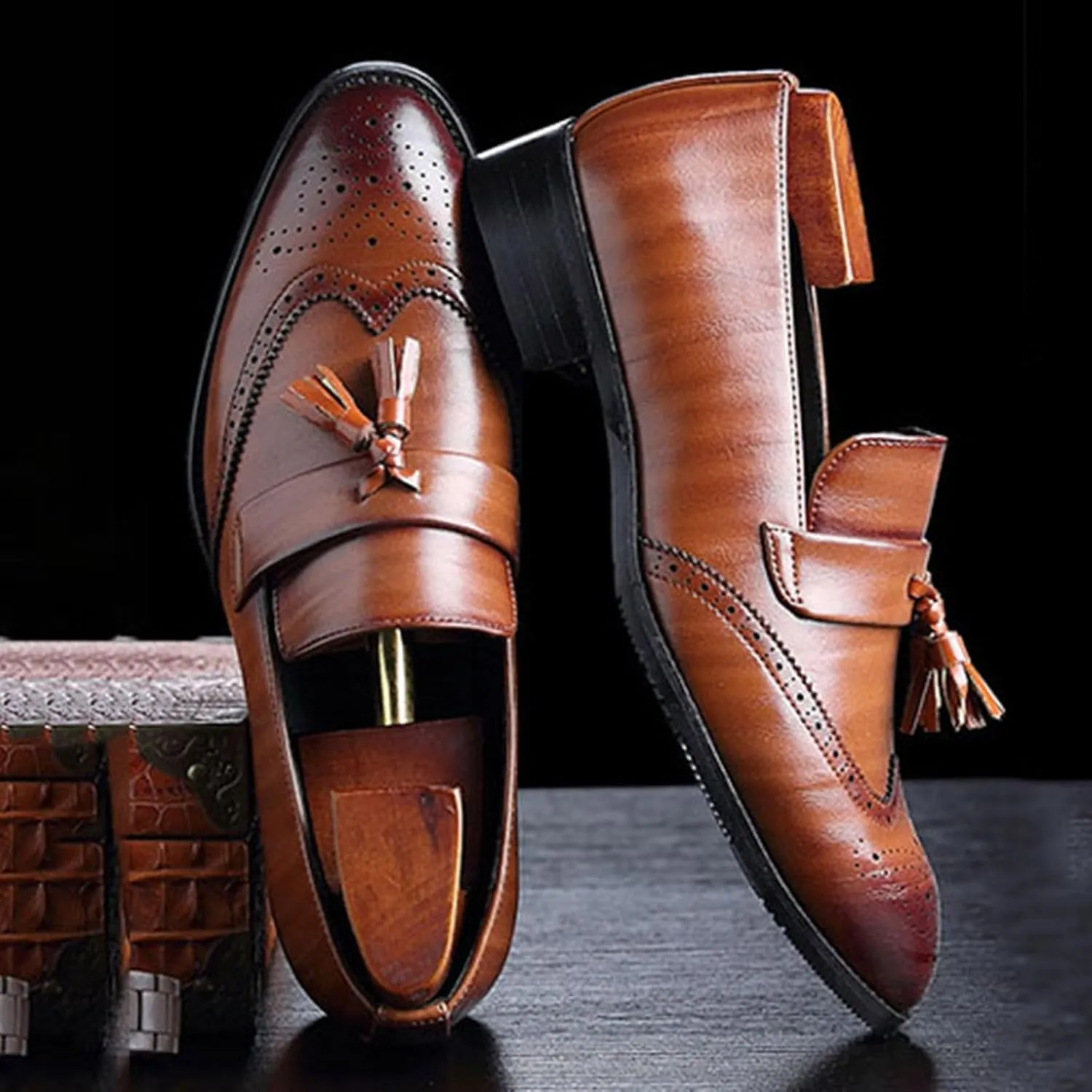 ByErz Men Loafers Classic Leather Business Foraml Dress Office Casual Slip on Brogue Shoes with Tassel