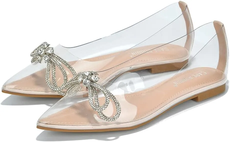 Cape Robbin Stearling Pointed Toe Flats for Women, Women's Flats with Rhinestone Bow