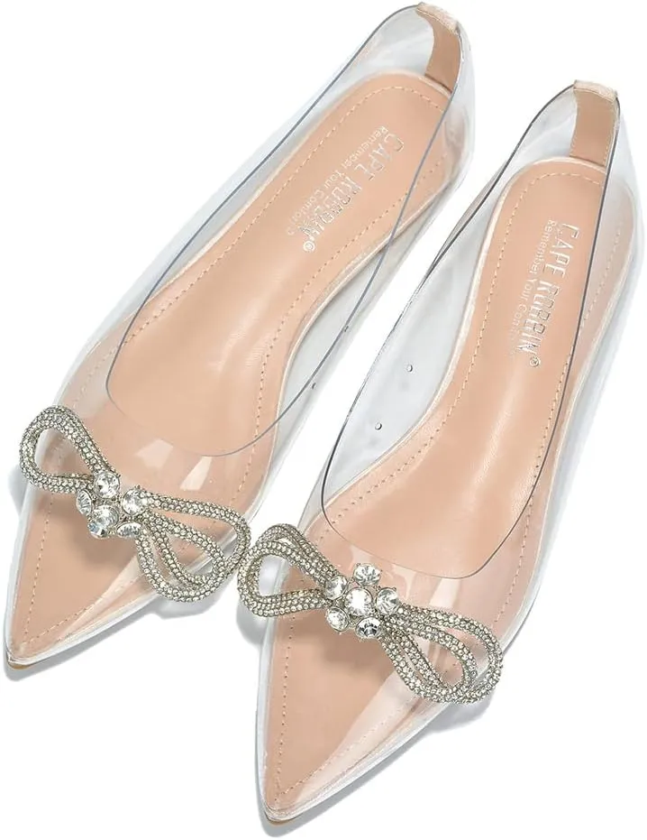 Cape Robbin Stearling Pointed Toe Flats for Women, Women's Flats with Rhinestone Bow