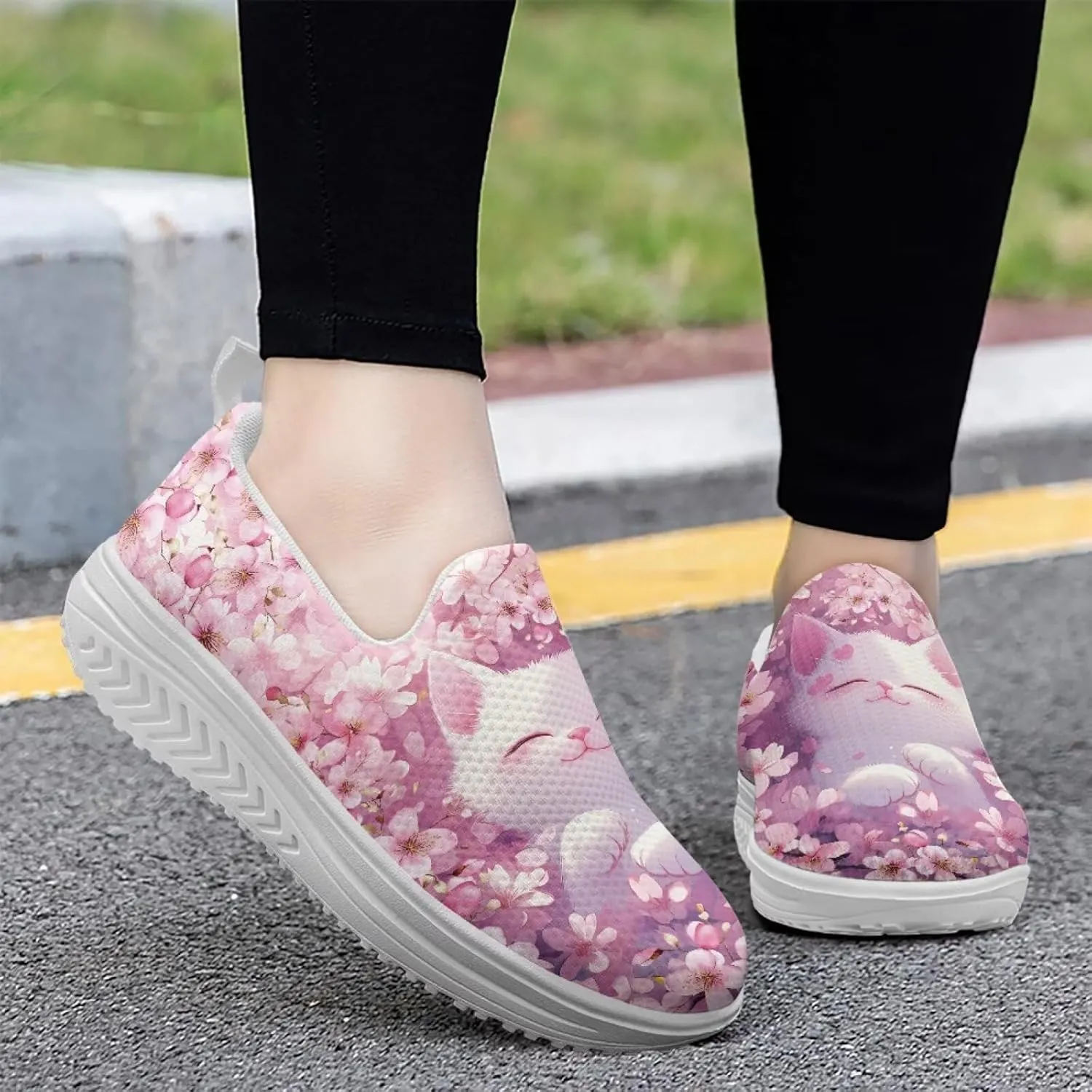 Cat Pattern Walking Shoes Women Platform Loafers Casual Non-Slip Running Sneakers for Travel Gym Hiking