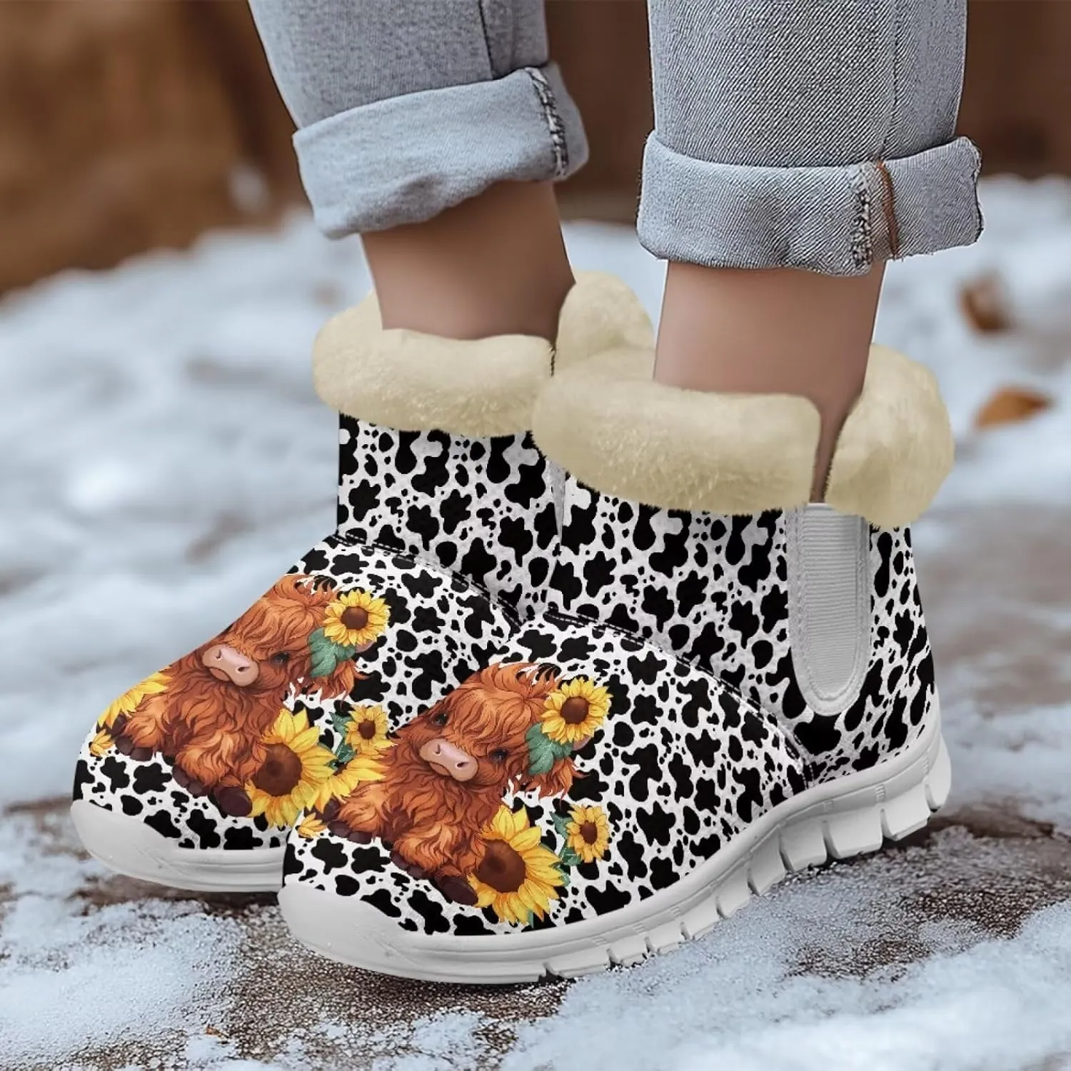 chaqlin Sunflower Snow Boots Cow Winter Ankle Anti Slip Boots Womens Flat Heels Slip Resistant Warm Resistant Cold Weat Outdoor Boots