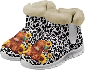 chaqlin Sunflower Snow Boots Cow Winter Ankle Anti Slip Boots Womens Flat Heels Slip Resistant Warm Resistant Cold Weat Outdoor Boots