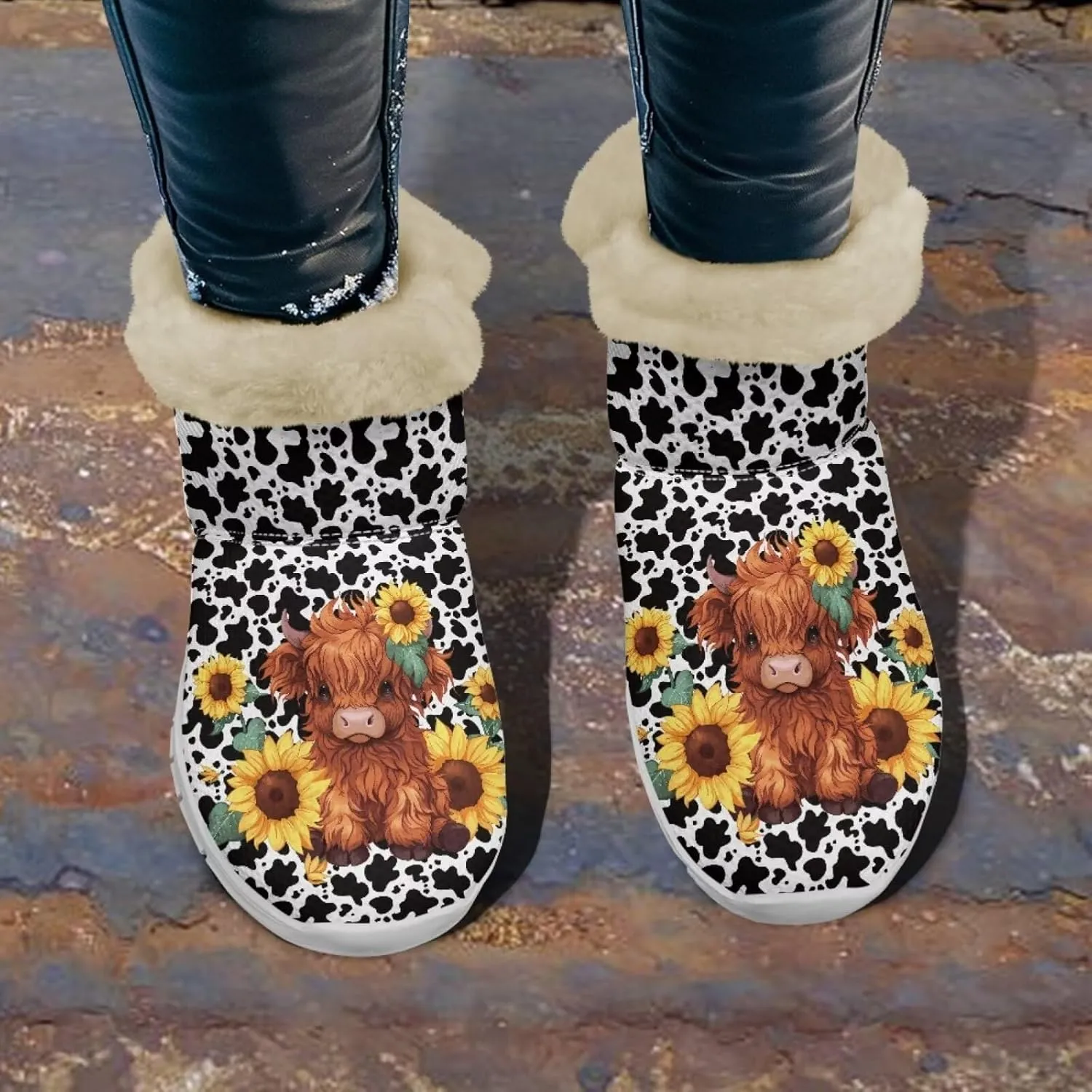 chaqlin Sunflower Snow Boots Cow Winter Ankle Anti Slip Boots Womens Flat Heels Slip Resistant Warm Resistant Cold Weat Outdoor Boots
