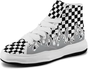 Checkered Flame High-Top Platform Sneakers, Custom Chunky Elevated Canvas Trainers for Streetwear Race Casual Footwear