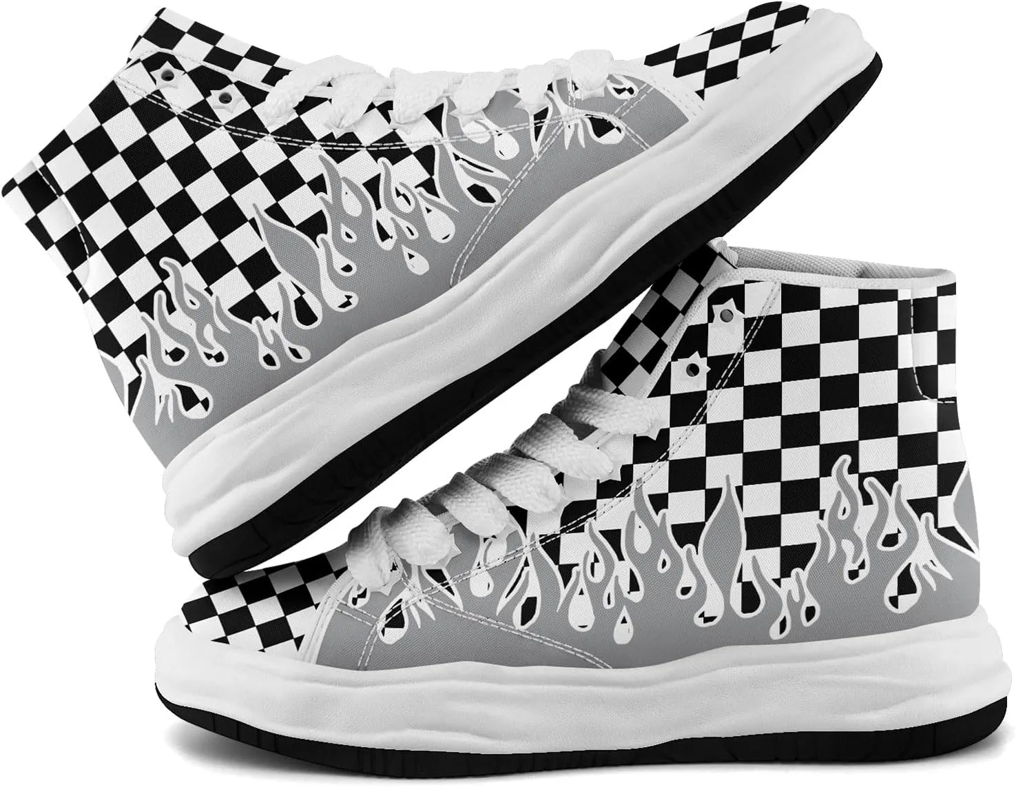 Checkered Flame High-Top Platform Sneakers, Custom Chunky Elevated Canvas Trainers for Streetwear Race Casual Footwear