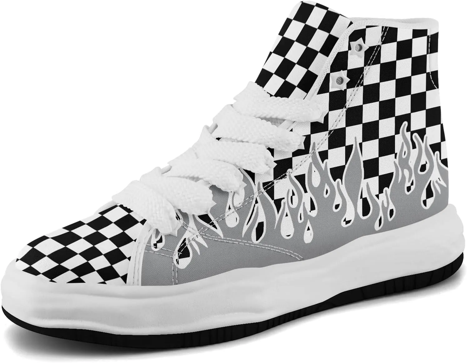 Checkered Flame High-Top Platform Sneakers, Custom Chunky Elevated Canvas Trainers for Streetwear Race Casual Footwear