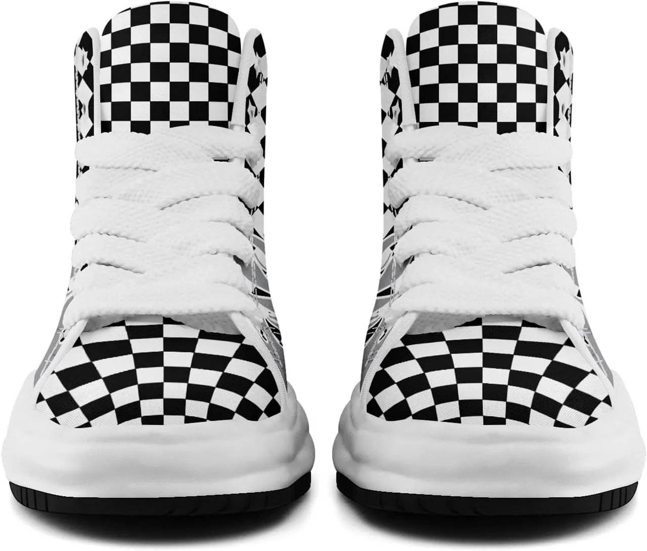 Checkered Flame High-Top Platform Sneakers, Custom Chunky Elevated Canvas Trainers for Streetwear Race Casual Footwear
