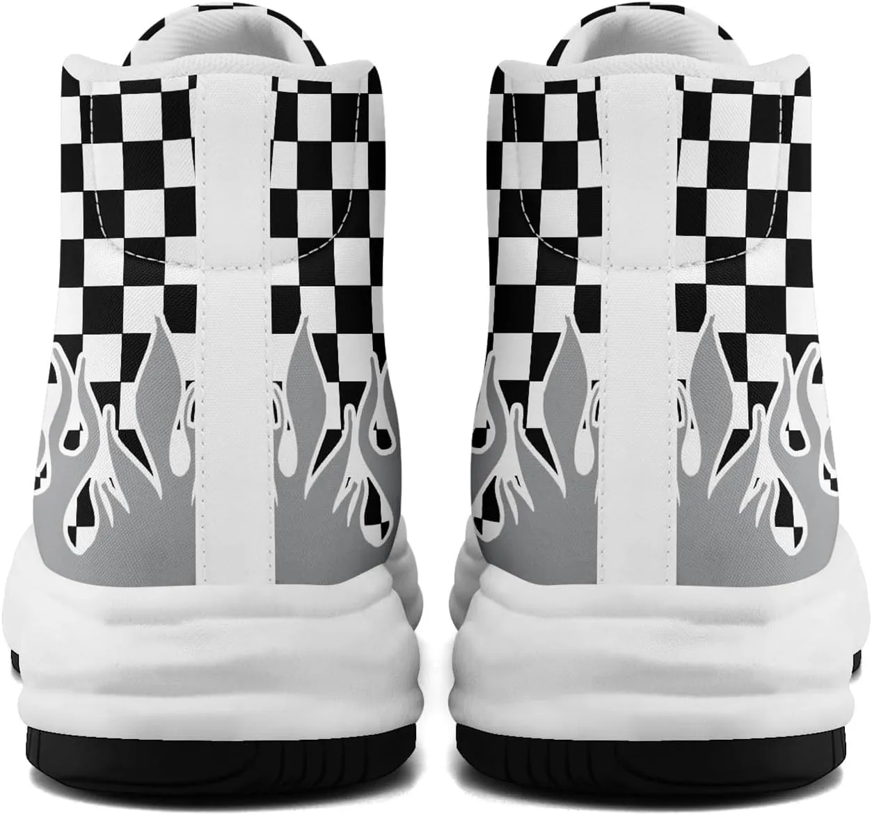 Checkered Flame High-Top Platform Sneakers, Custom Chunky Elevated Canvas Trainers for Streetwear Race Casual Footwear
