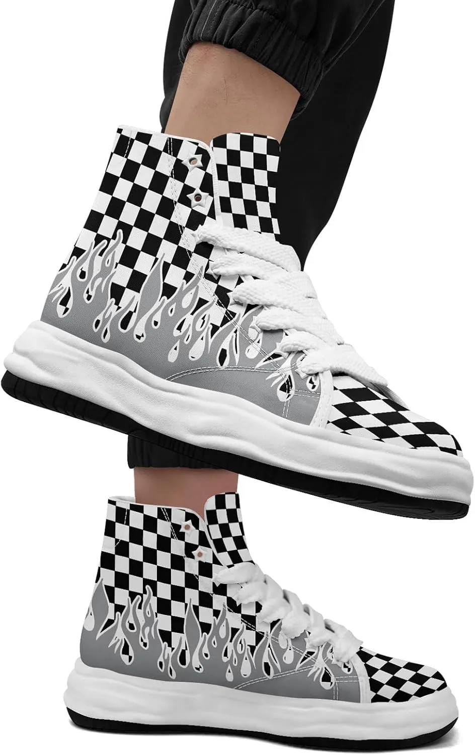 Checkered Flame High-Top Platform Sneakers, Custom Chunky Elevated Canvas Trainers for Streetwear Race Casual Footwear