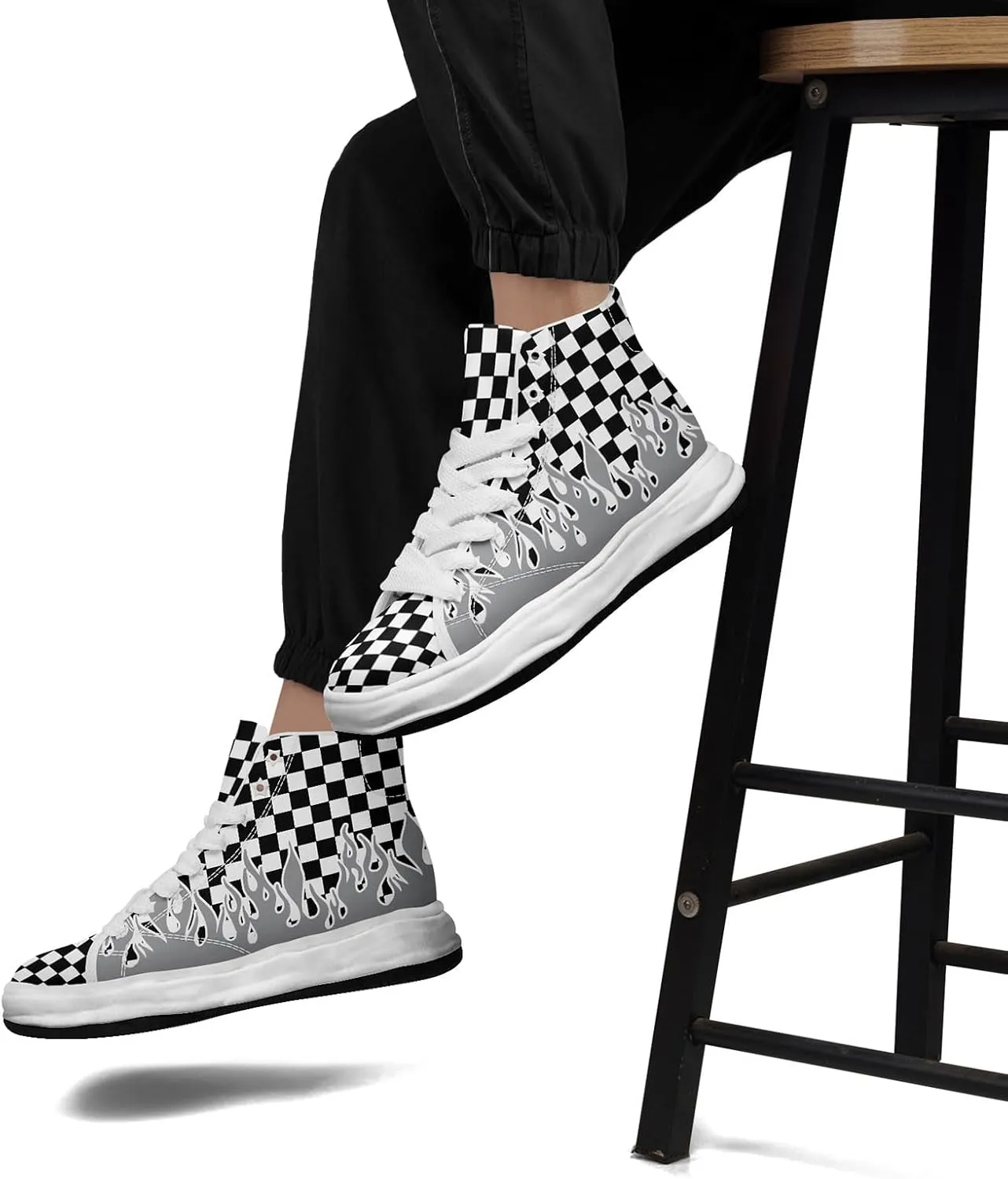 Checkered Flame High-Top Platform Sneakers, Custom Chunky Elevated Canvas Trainers for Streetwear Race Casual Footwear