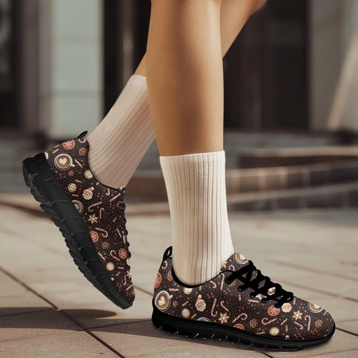 Christmas Sneakers for Women Flat Cozy Lace Up Low-Top Workout Running Sneakers for Ladies Anti-Slip Sport Outdoor Hiking Shoes for Teen Girls US 5-12