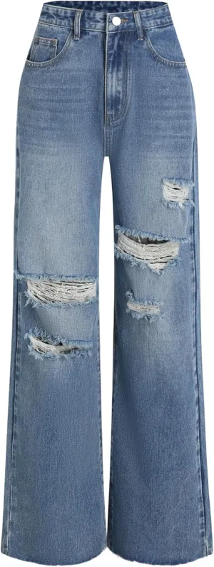 CIDER Women’s Ripped Jeans High Waisted Distressed Baggy Straight Wide Leg Pants